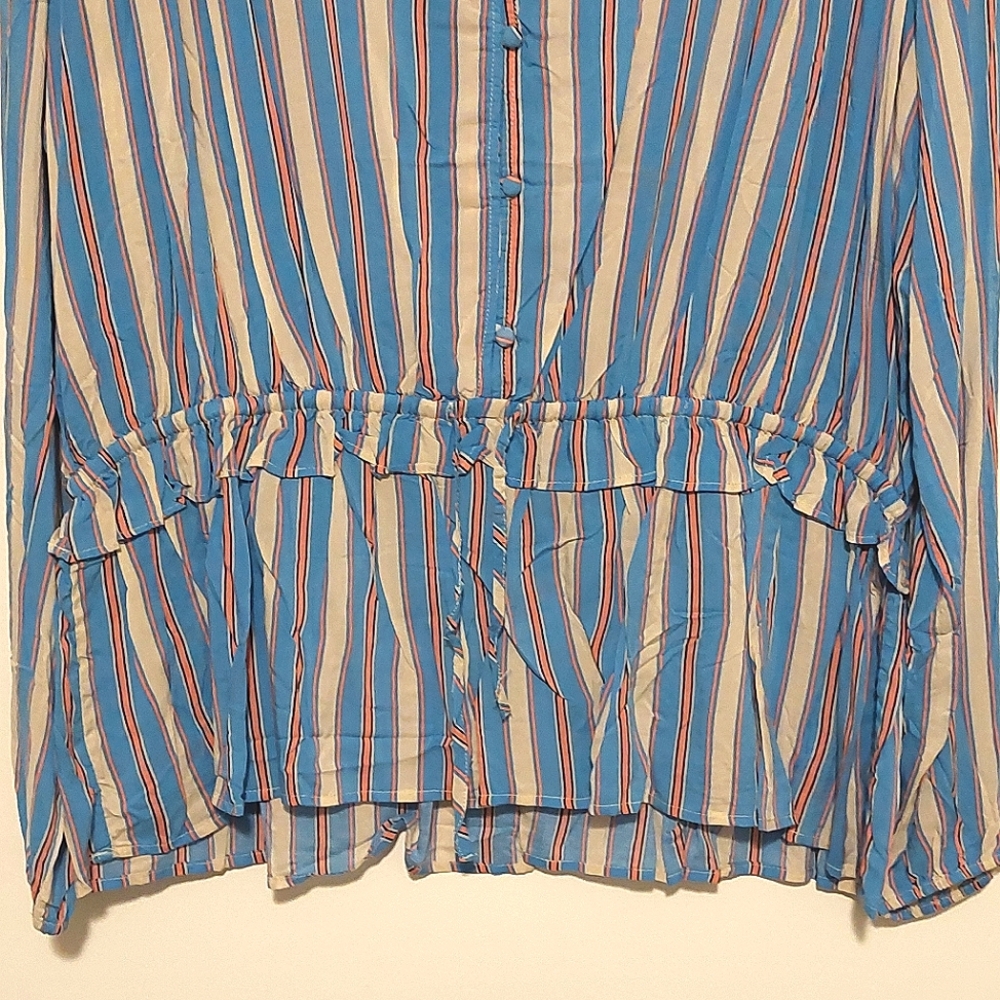 📣 Kori America Blue & Pink Striped Drawstring Waist Button-Down Top NWT Size L - Picture 6 of 12